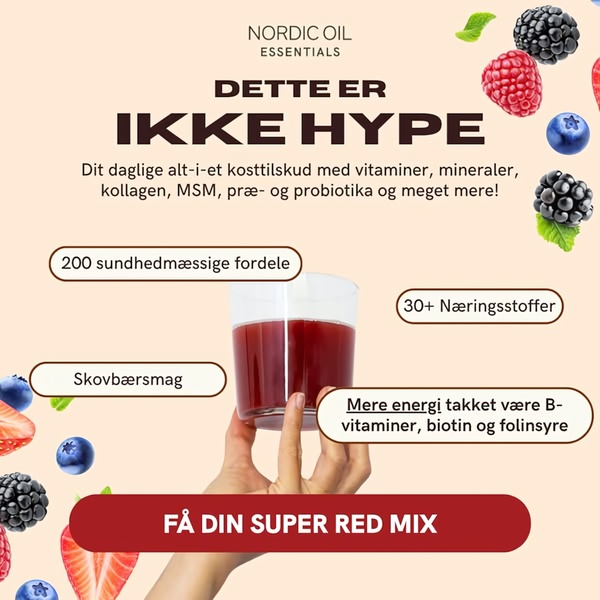 A square-format social media ad featuring a clear product benefits list centered around a high-quality glass of red health drink, framed by fresh berry illustrations.